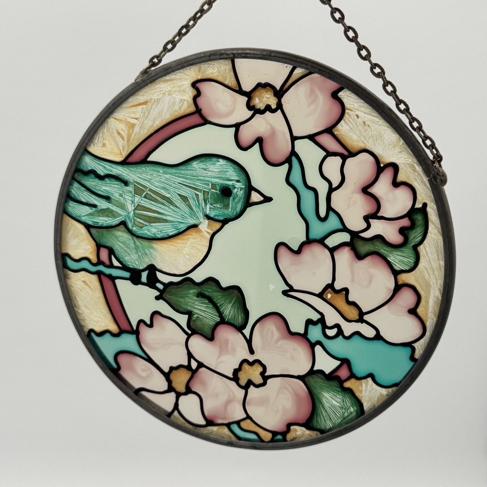 Vintage Round Stained Glass Bird Dogwood Flower Suncatcher Leaded Window Panel - Picture 2 of 8